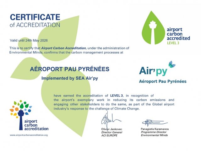 L'Aéroport Pau Pyrénées obtient l'ACA 3 L'Aéroport Pau Pyrénées obtient l'ACA 3